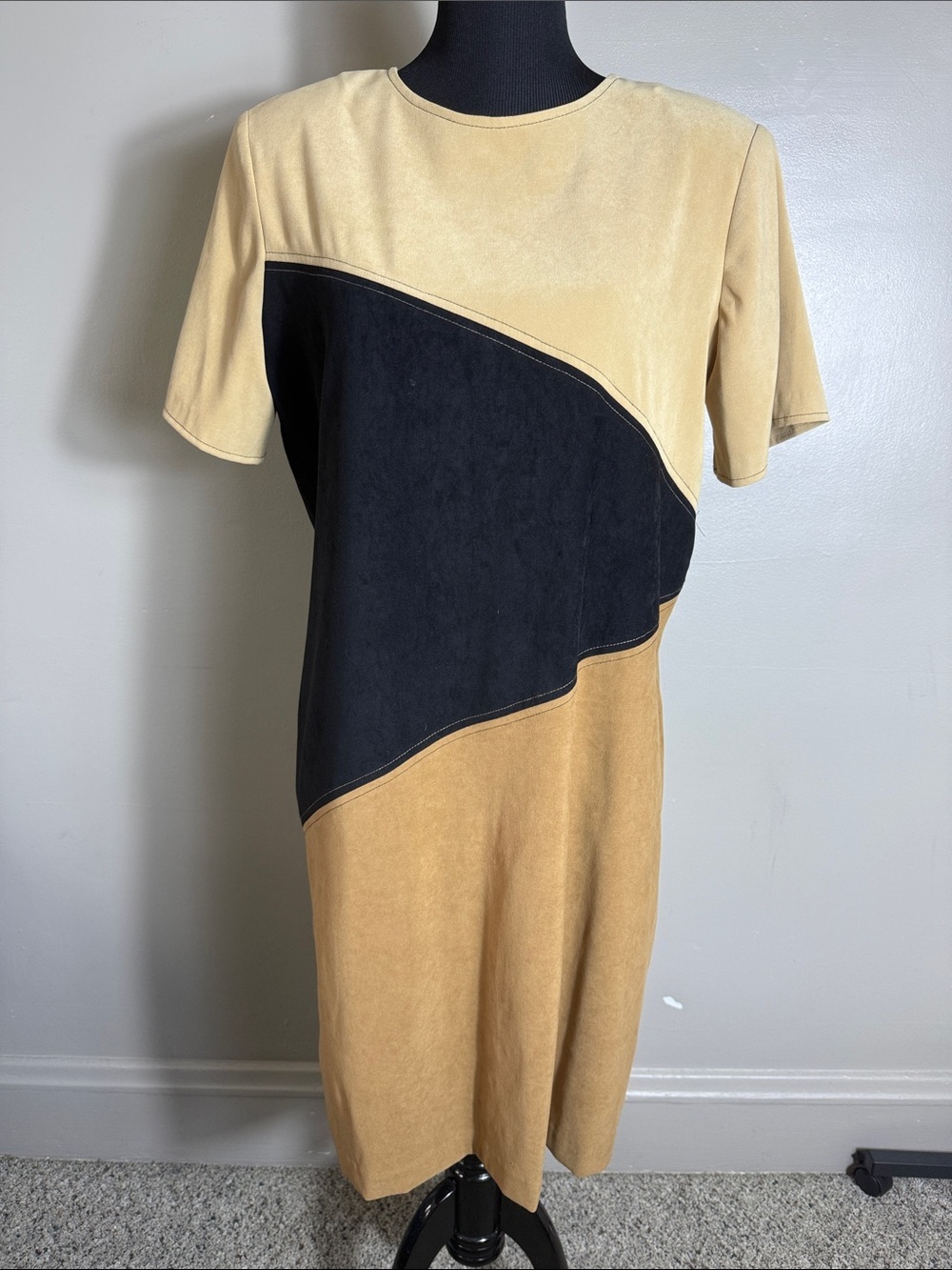 Vintage R&K Originals 3-Tone Geometric Colorblock Shift Dress 16 Beige Black Tan